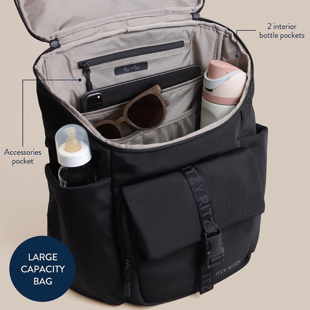 Itzy Ritzy Belong Bucket Backpack Diaper Bag - Black - Smart Organization with 16 Pockets