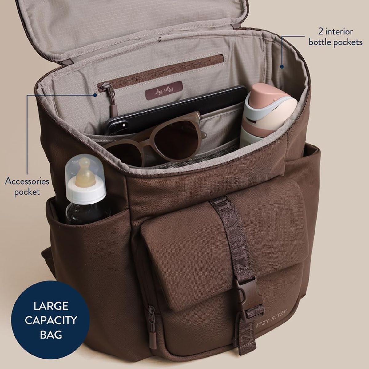 Itzy Ritzy Belong Bucket Backpack Diaper Bag - Mocha - Smart Organization with 16 Pockets